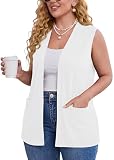 TIANZHU Plus Size Vest Tops V Neck Sleeveless Cardigan Open Front Sweaters with Pockets, White, 3XL