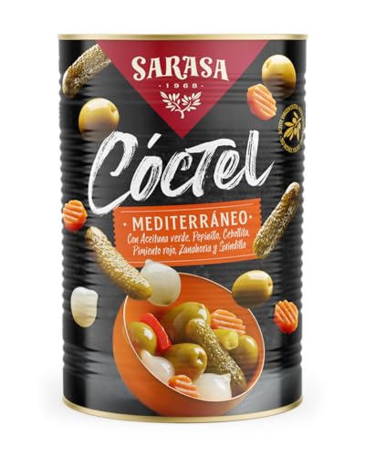 Cóctel Mediterráneo Mix de aceituna verde, cebollita, pepinillo, pimiento, zanahoria y guindilla SARASA (PESO NETO 4200g (PESO ESCURRIDO 2500), 1 LATA)