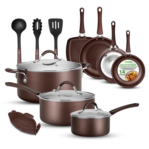 NutriChef Batterie de Cuisine Antiadhésive, Poele et Casserole Induction, Comprenant Casseroles, Poêles, Cocotte, Couvercles et Ustensiles de Cuisine, Marron, 14 Pcs