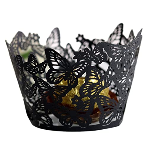 Wedding Party Cupcake Wrappers 50pcs Artistic Bake Cake Paper Cups Hollow Butterfly Surround Rim Little Vine Lace Laser Cut Liner Baking Cup Muffin Case Trays for Birthday Decor (Black)