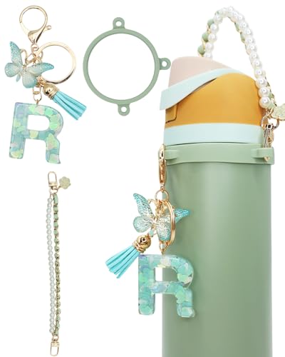 TOVICE Letter Accessories for Owala Water Bottle 24-40oz, 3PC Cute Initial Keychain & Water Bottle Handle Strap with a Thick Elastic Silicone Ring Holder (Mint Green,R)