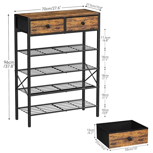 5 Tier Entryway Shoe Rack, Shoe Storage Organizer with 2 Drawers, Metal Shoe Shelf for 16-20 Pairs with Wooden Top for Closet, Rustic Brown - Image 4