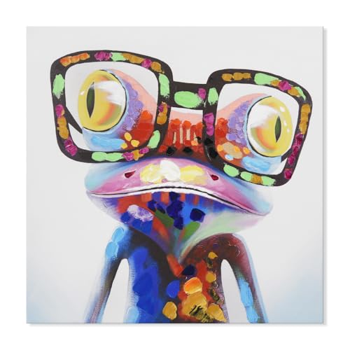 JAPO ART Cuadros de rana para decoración de pared, diseño de rana feliz con gafas, pintura divertida de rana con adorno a mano enmarcado colorido para habitación de niños, dormitorio, 16 x 16 pulgadas