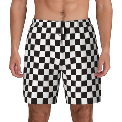 Black and White Checkerboard Mens Swim Trunks Swim Shorts Swimming Trunks with Pockets-