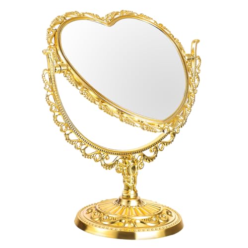 OSALADI Espejo de Maquillaje Vintage Doble Cara en Forma de Corazón Espejo de Tocador Dorado Pequeño para Escritorio Multiusos para Dormitorio y Baño Adecuado para Cejas y Maquillaje