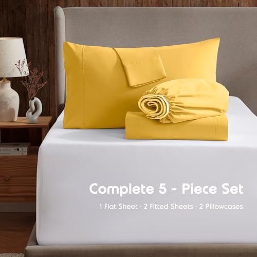 Image of Nestl Split King Bed Sheet Set - Yellow - 5-Piece Deep Pocket | Instantly Soft, Night-One Ready (No Wash Required). Fits 16-Inch Deep Pockets, 360-Degree Elastic Grip