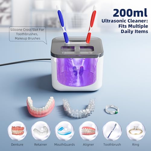 Ultrasonic Retainer Cleaner Machine, Denture Cleaner for Aligners Night Guards Braces Mouth Guards Toothbrush Heads，All-in-One Dental & Jewelry Cleaner, 45kHz 200ML, Dual Modes — view 3