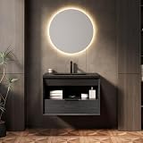 Lavabo da bagno sospeso da 75 cm, con lavabo in ceramica integrato, armadietto in compensato con cassetto e ripiano, bordo inclinato a 45°, sistema di chiusura ammortizzata, premontato, venature del