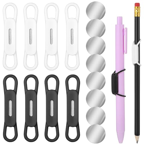 WJIAAA 8 Pcs Magnetic Pen Holder Silicone Adjustable Pen Holder for Fridge Whiteboard Desk Teacher Supplies Includes 8 Magnetic Clips (Black White)
