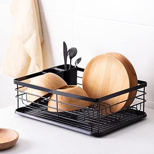 Navaris Dish Drainer Rack - Plate, Cutlery, Pots and Pans Drying Rack for Kitchen - Modern Retro Design Drip Tray with Metal Rack - Black