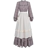 CR ROLECOS Womens Pioneer Dress Floral Prairie Dresses Long Sleeve Stand Collar Pilgrim Colonial Costume 2 Pcs Set S
