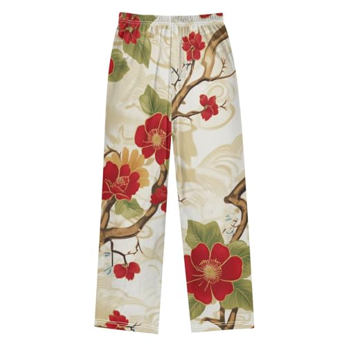 Plum Tree Print Boys Long Pants Soft Trousers Elastic Waist Kids Lounge Bottoms with Pockets S-XL2