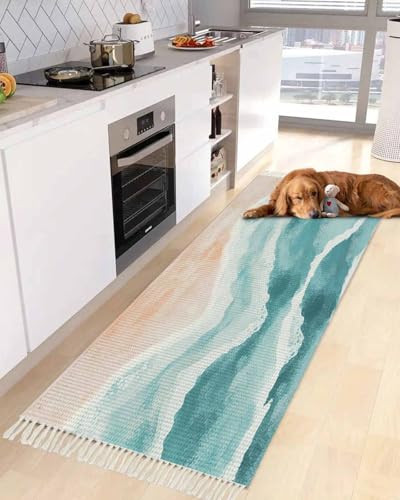 Teal Boho Coastal Kitchen Runner Rug 2x4 Bedside Rug with Tassel Cotton Woven Throw Rugs Washable Hallway Runner Rug Ocean Beach Wave Ombre Green Floor Carpet for Bedroom Bathroom Living Room