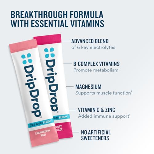 Image of DripDrop Zero Sugar Plus - Sugar Free Hydration Packets - Single Serve Electrolytes Powder Drink Mix - Strawberry Kiwi, Peach, Cherry Limeade, Wild Berry - Non-GMO, Vegan - 16 Sticks