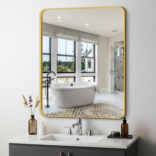 Image of Delma Bathroom Vanity Mirror, Gold Framed Mirror for Over Sink, 36x30 | HD glass, distortion-free for makeup and grooming, Sturdy frame, all mounting hardware, hangs horizontal or vertical