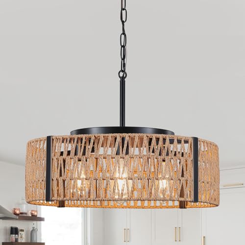 AFLCBYH Large Farmhouse Rattan Chandelier, 5-Light 21.6”Boho Chandeliers Light Fixture with Rustic Wicker Hand Woven Pendant Light for Living Room,Kitchen Island Bedroom(E26 Bulbs Not Included)