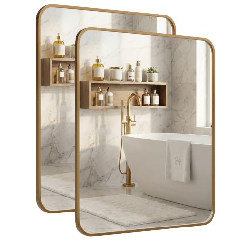 Pocetry 2-Pack 24x30 Inch Antique Gold Rounded Rectangle Vanity Mirrors