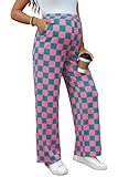 BLENCOT Women Casual Pants for Maternity Elastic Waisted Wide Leg Plaid Checkered 2026 Fashion Grid Pregnancy Pants Trousers Green Pink 2XL