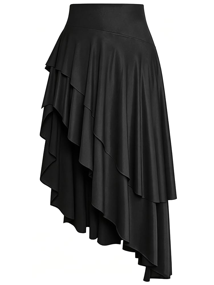 eoeoo Women's High Waist Ruffle Flowy Asymmetrical Split Midi Skirt | Ruffle Hem,Elastic High Waist,Asymmetrical Long Skirt