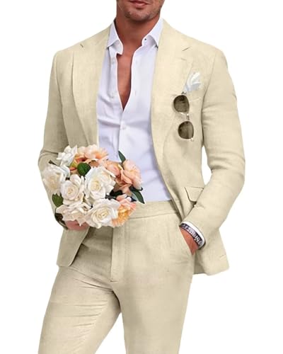 Image of Men's Linen Suit 2 Piece Slim Fit Summer Beach Wedding Prom Party | Breathable,Linen Blazer Suit Set,for Beach Weddings,Groom Wear,Prom and Outdoor Parties,Business Casual,Vacation Daily Wear