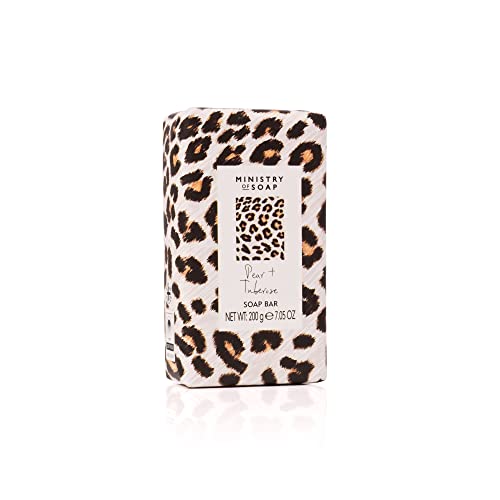Ministry of Soap Pear and Tuberose Scented Soap Bar, Wild Side Inspired with White Leopard Print Design, Naturally Coloured and Triple-Milled 200g