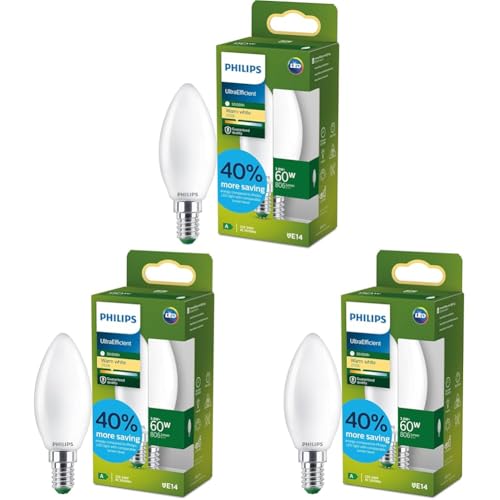 Philips LED UltraEfficient Bombilla Vela B35 E14, 60W equivalentes, Luz Blanca Cálida 2700K, 806lm, EyeComfort, Vida útil de 50.000 horas, Clase energética A, Efecto Mate, 1ud (Paquete de 3)