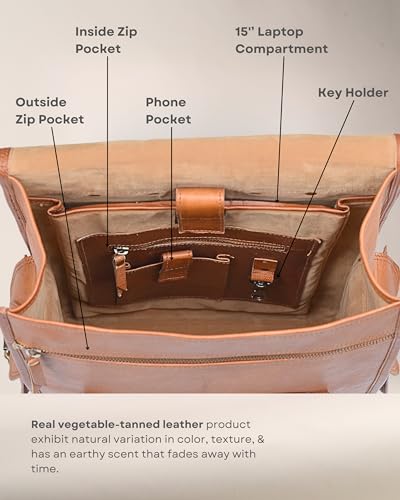 Volksy Bags DOUBLE POCKET Genuine Leather Backpack For Men, 15 Inch Laptop Bag, Leather Travel Backpack For Women, Vintage Designer Bookbag, Medieval Art Rucksack thumb #3