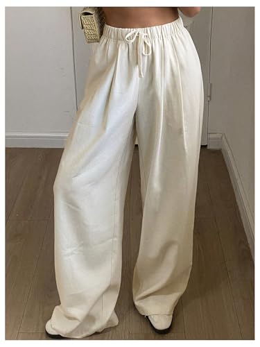 GORGLITTER Women's Low Rise Pants Boho Pleated Wide Leg Pants Casual Linen Pants4
