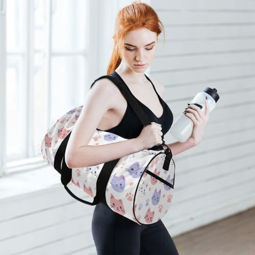 Cartoon Cat Sports Duffel Bag Full Print Durable Barrel Gym Bag with Large Capacity, Adjustable Strap and Side Zippered Pocket for Fitness Sports Training and Travel 6