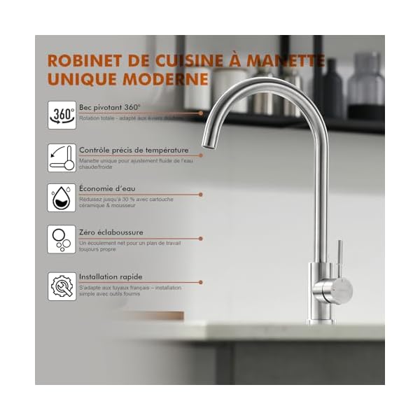 GRIFEMA G4008 Robinet de Cuisine Mitigeur Évier à Poignée Unique, Arc Élevé Débit Élevé 360, Acier Inoxydable Économe en Eau [Classe A+] Exclusivité Amazon