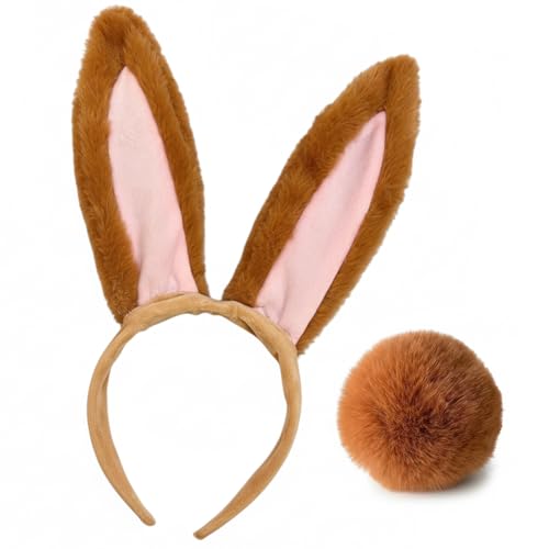 GUCILV Bunny Ears And Tail Set Bunny Ears Headband Halloween Cosplay Costume Accessories for Party (Brown Ears&Tail)
