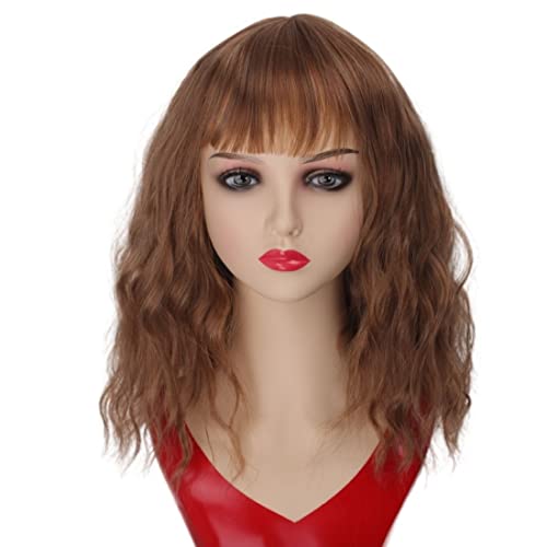star soucre wigs 14 Inch Brown Wavy Bob Wig With Bangs, Short Curly Costume Wig for Party Cosplay, Soft Heat Resistant Synthetic Hair