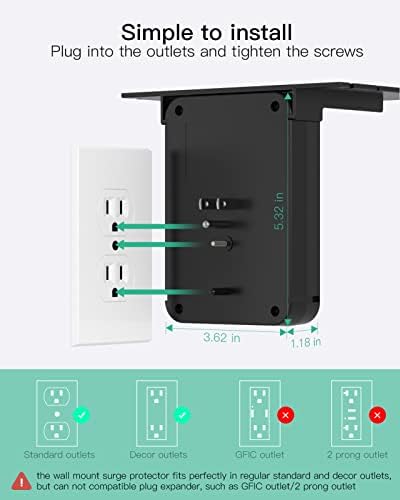 Wall Outlet Extender - Surge Protector 6 AC Outlets Multi Plug Outlet with Shelf, 2 USB and USB C Charging Ports Wall Plug Expander, USB Wall Charger Outlet Splitter for Home (Black) - 5