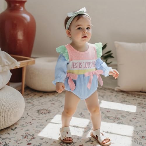 Newborn Baby Girl Fall Clothes Jesus Loves Me Embroidery Bubble Romper Striped Long Sleeve Bodysuit Baptism Outfit4