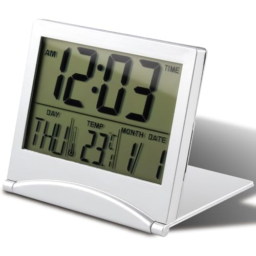 LANAFAY Foldable Desk Alarm, Digital Travel Clock with LCD Display, Compact Clock with Day Date and Temperature Indication, Portable Folding Table Alarm Clock Battery Operated for Bedroom Office