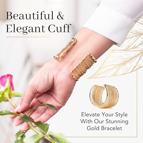 Adjustable Open and Wide Modern Cuff Design or Bangle, Bracelet Jewelry with Brushed 18K Yellow Gold Plating. Beautiful and Elegant for all Occasions. Quality crafted. Durable. High End Aesthetic Finish3