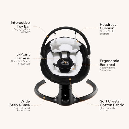 Image of HARPPA Weddell Lite Electric Swing for Baby, 5 Adjustable Speeds, Black | Infant Swing with 3 Timers, Remote & Touch Panel, 5-Point Harness, 10 Built-in Melodies, and Folds for Easy Storage