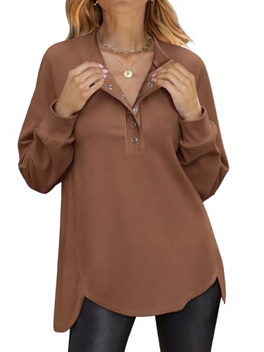 ANRABESS Women's Long Sleeve Henley Tops Tunic Sweatshirt Loose Slit