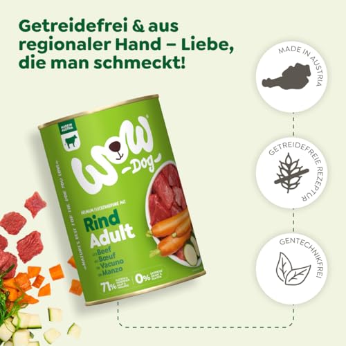 WOW Dog Hunde-Nassfutter mit Rind | Enthält Vitamine und Mineralien, ohne Getreide und Zucker | 400 g / 12er Pack