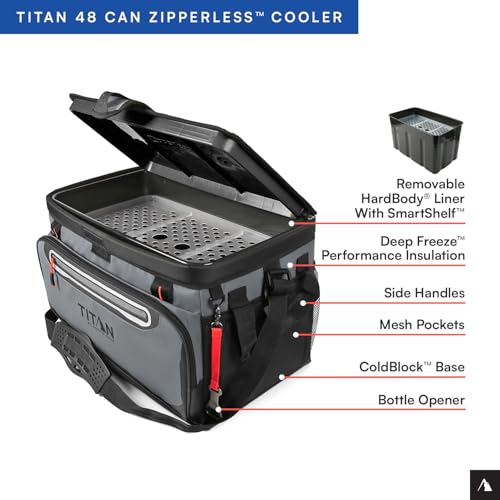 Titan by Arctic Zone Zipperless Soft Sided Cooler with HardBody Liner and SmartShelf, Insulated Bag with Shoulder Strap and Bottle Opener for Beach, Picnic, and Travel, 48 Can Capacity, Sharkskin Gray by Titan by Arctic Zone - Image 3