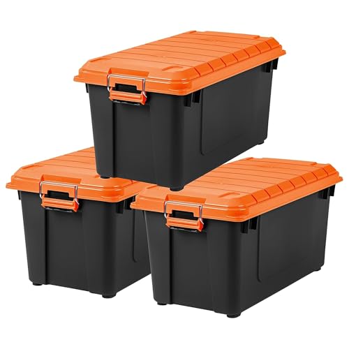 Image of IRIS USA 21 Gallon Heavy-Duty Plastic Storage Bins, Store-It-All Container Totes with Durable Lid and Secure Latching Buckles, Garage and Metal Rack Organizing, Black /Orange, 3 Pack