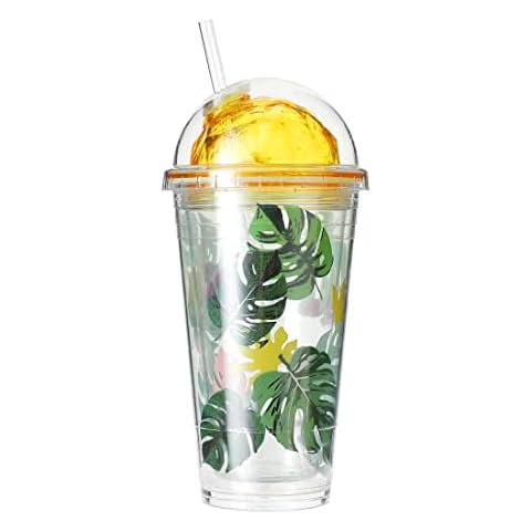 MINISO Tropical Coffee Tumblers with Lid and Straw 15oz Iced Coffee Cup Plastic Double Wall Tumbler BPA-Free Reusable Water Bottle for Cold Hot Drinks,for Travel,Home,Office(Yellow) Cover