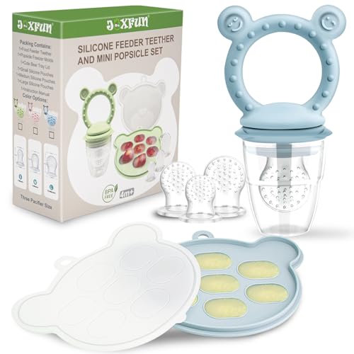 Image of JEXFUN Silicone Baby Fruit Food Feeder Pacifier & Breastmilk Popsicle Freezer Molds for Cooling Relief, BPA Free Silicone Feeder to Safely Introduce New Foods, Double as Teething Toys, 4 Month+
