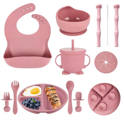Image of Baby Led Weaning Supplies - 12Pcs Silicone Toddler Feeding Set - Suction Plates, Bowls, Bib, Cup, Spoons, Forks, Teething Tubes, 6+ Months (Dark Pink)