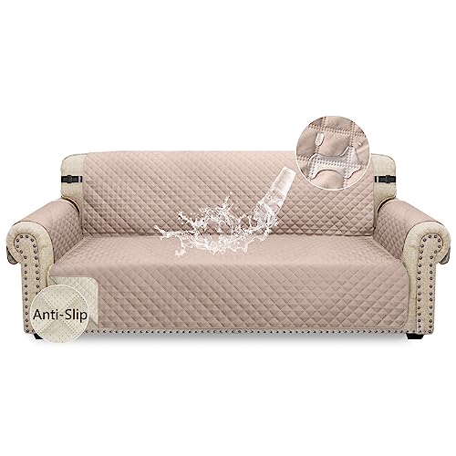 Granbest Waterproof Sofa Cover 3 Seater Non-Slip Sofa Slipcover with Elastic Straps, Washable Sofa Protector for Kids, Pets, Dogs, Cats Four Seasons Universal (3 Seater, Light Pink)