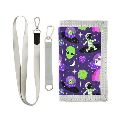 JHKKU Cat Alien Astronauts Trifold Wallets for Kids Boys Girls, Outdoor Sports Wallet for Teen, with Zipper Coin Pocket Novelty Purse