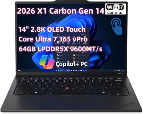 Image of 2026 NewLenovo ThinkPad X1 Carbon Gen 14 Aura Edition Laptop, 14 inch 2.8K OLED Touch (2880x1800) Display, Core Ultra 7 365 vPro, 64GB LPDDR5X RAM 1TB SSD, 10MP RGB+IR Camera, 5G WWAN Wi-Fi7 Win11 Pro