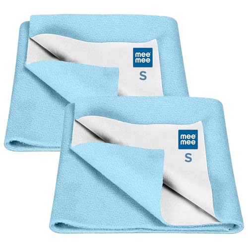 Image of Mee Mee Premium Cotton Bed Protector Mattress: Ultra-Absorbent, Speedy Drying, Breathable & Soft Sheet for Newborns. Reusable Waterproof Cot Sheet Infant Safe, 0-9 Months, 50x70cm (Blue)