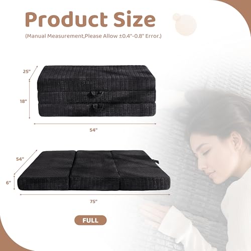 BYBYME Corduroy Memory Foam Tri-Folding Mattress, 6 Inch Gel Folding Mattress Topper, Foldable Soft Guest Bed Camping Pad, with Washable Cover (Black, Full) by BYBYME - Used condition - Image 2