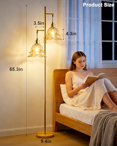 Image of 2-Light Modern Glass Floor Lamp, Gold Tall Standing Lamp with Amber Tulip Glass Shade for Reading, Dimmable LED Floor Lamp with Rotary Switch for Living Room Bedroom Home Decor, Bulb Included